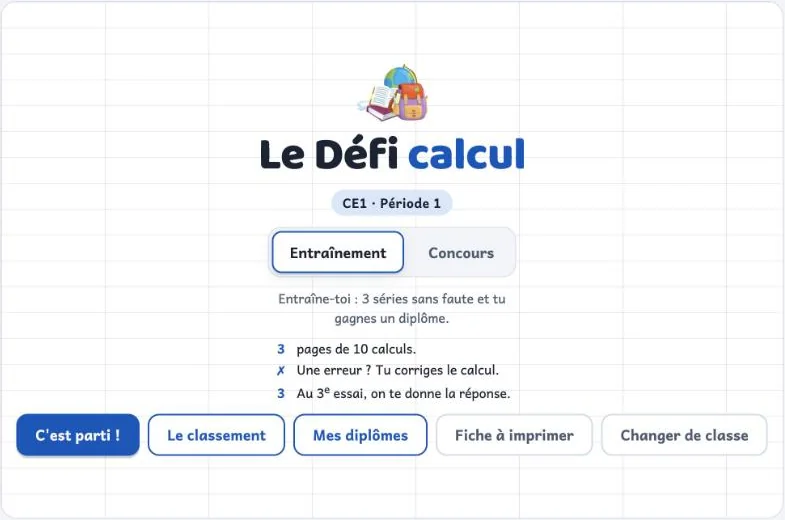 Accueil du Défi calcul en CE1, période 1 : choix entre Entraînement et Concours, règles de la série et bouton « C'est parti ! »
